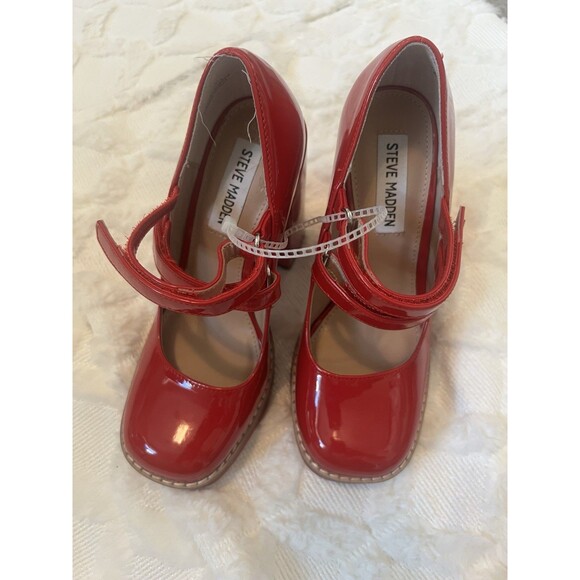 Steve Madden Twice Red Patent Leather Block Heel Mary Jane Platform Pumps Size 6 - Picture 6 of 9